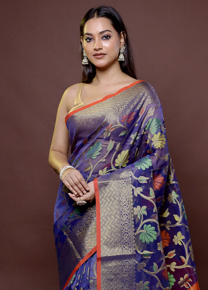 Blue Kora Silk Saree With Blouse Piece