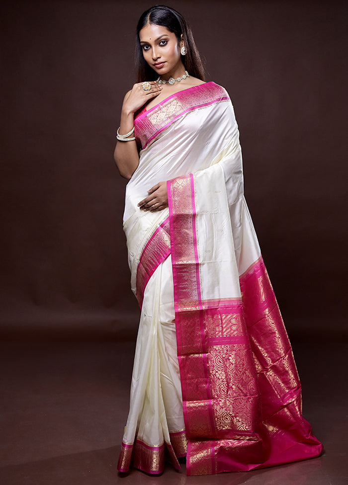 Cream Kanjivaram Silk Saree Without Blouse Piece - Indian Silk House Agencies