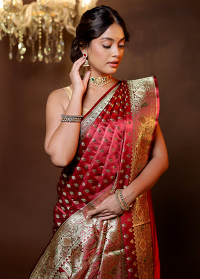 Maroon Handloom Banarasi Pure Silk Saree With Blouse Piece