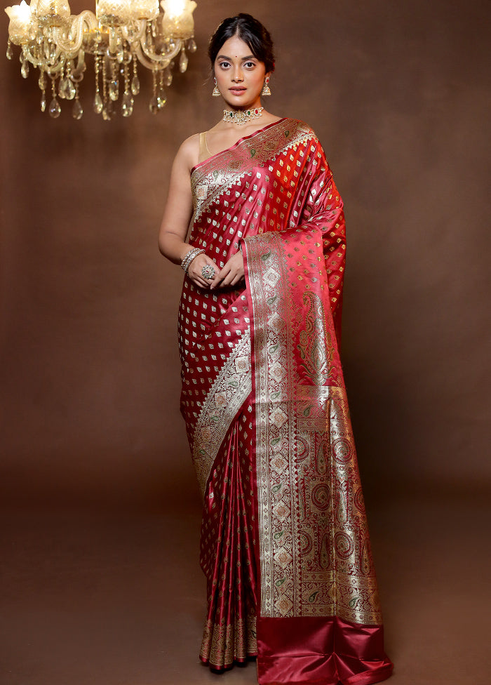 Maroon Handloom Banarasi Pure Silk Saree With Blouse Piece