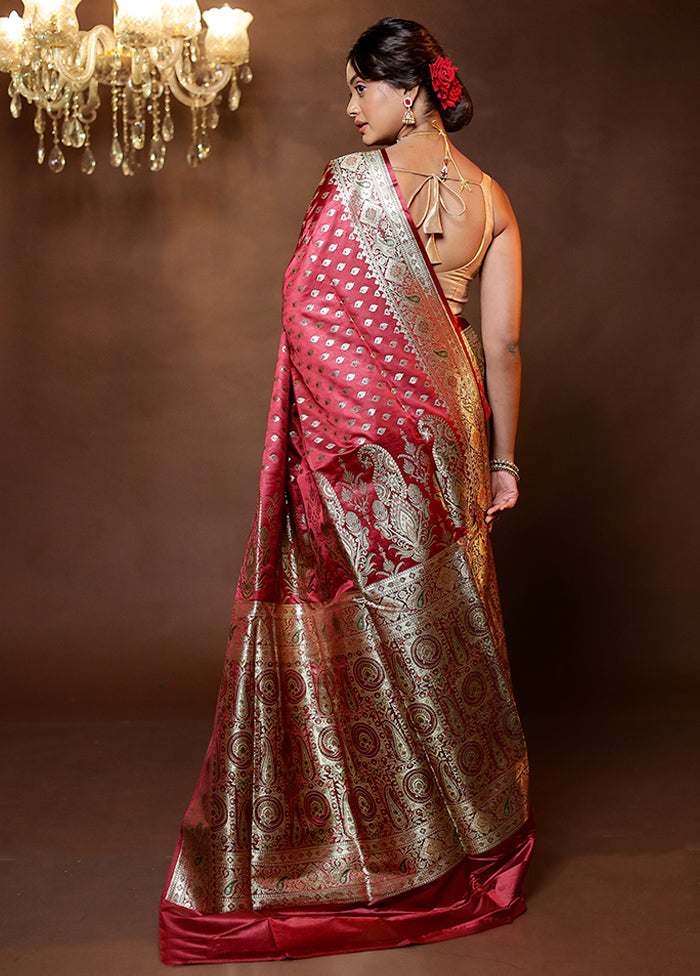 Maroon Handloom Banarasi Pure Silk Saree With Blouse Piece