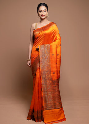 Orange Handloom Tussar Pure Silk Saree With Blouse Piece