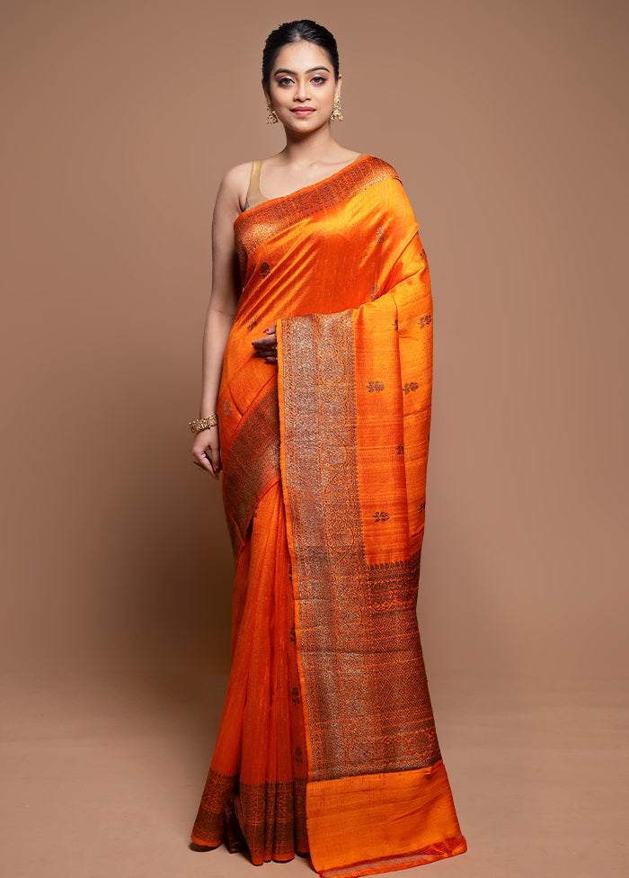 Orange Handloom Tussar Pure Silk Saree With Blouse Piece