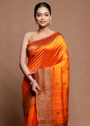 Orange Handloom Tussar Pure Silk Saree With Blouse Piece