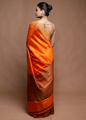 Orange Handloom Tussar Pure Silk Saree With Blouse Piece