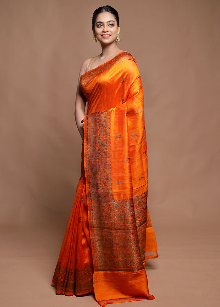 Orange Handloom Tussar Pure Silk Saree With Blouse Piece