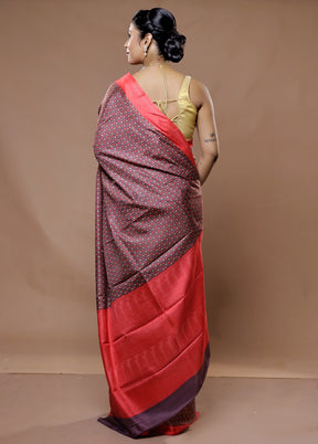 Purple Printed Pure Silk Saree With Blouse Piece