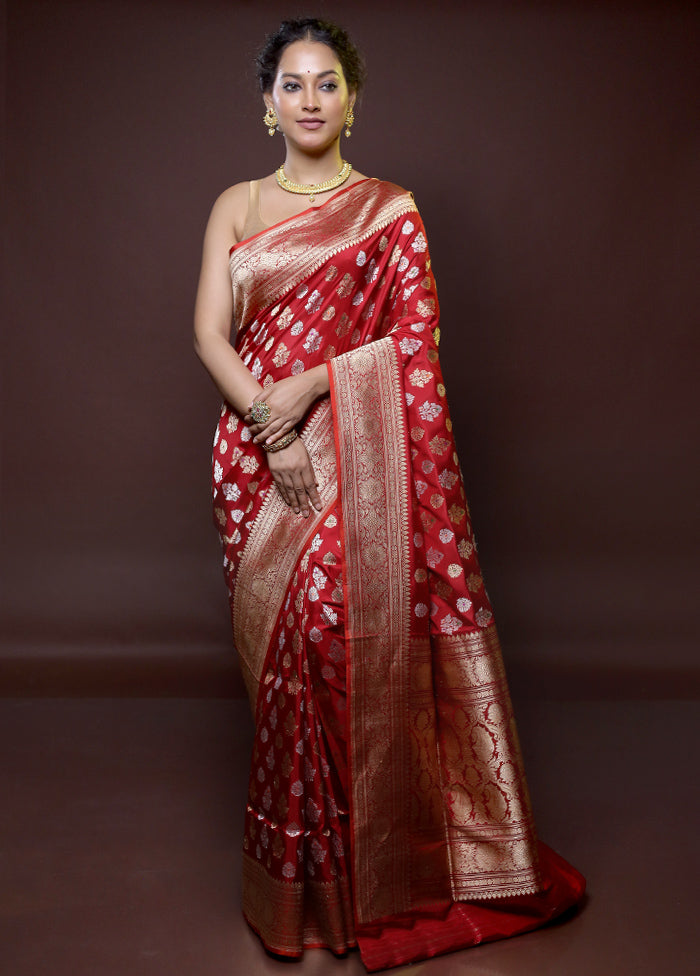 Red Handloom Katan Pure Silk Saree With Blouse Piece