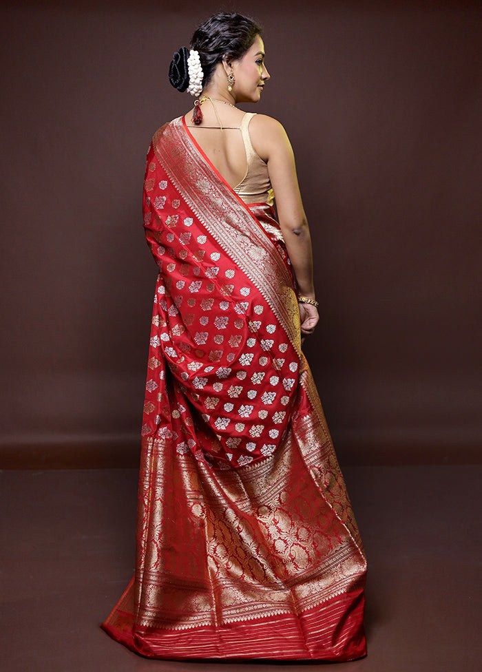 Red Handloom Katan Pure Silk Saree With Blouse Piece