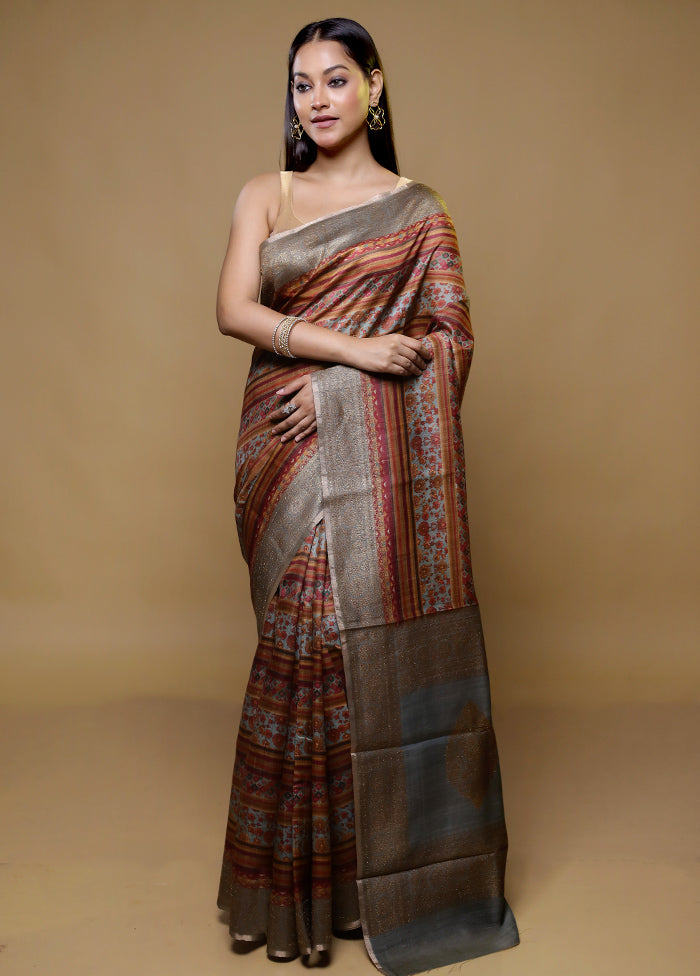 brow Handloom Tussar Pure Silk Saree With Blouse Piece