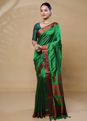 Green Handloom Assam Pure Silk Saree With Blouse Piece