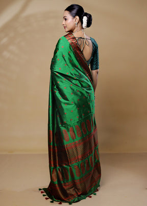 Green Handloom Assam Pure Silk Saree With Blouse Piece