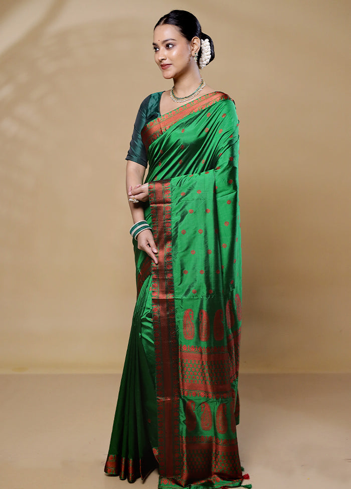 Green Handloom Assam Pure Silk Saree With Blouse Piece