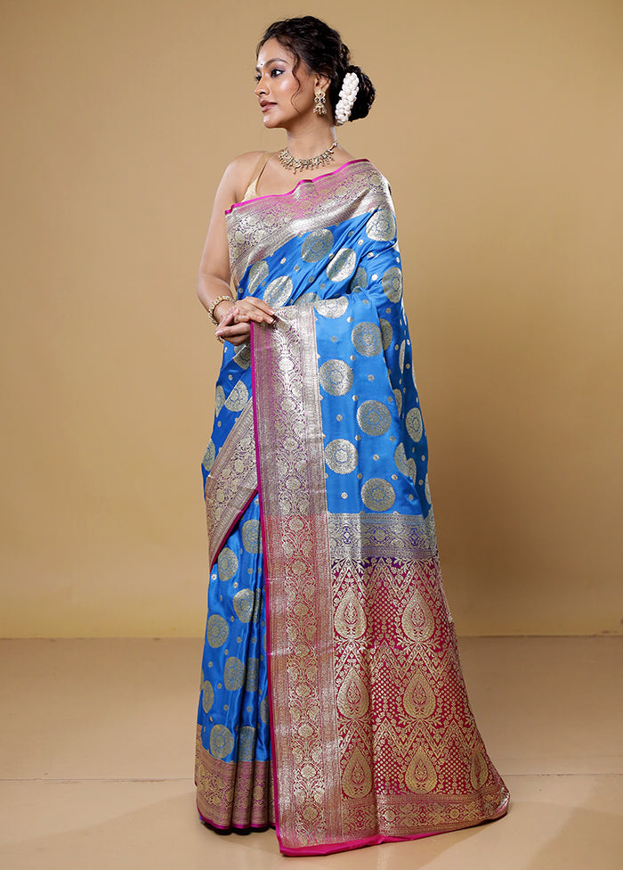 Blue Banarasi Silk Saree With Blouse Piece