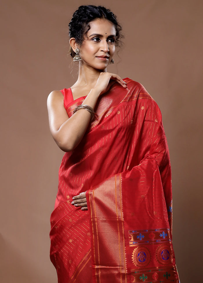 Red Paithani Kanjivaram Silk Saree With Blouse Piece - Indian Silk House Agencies