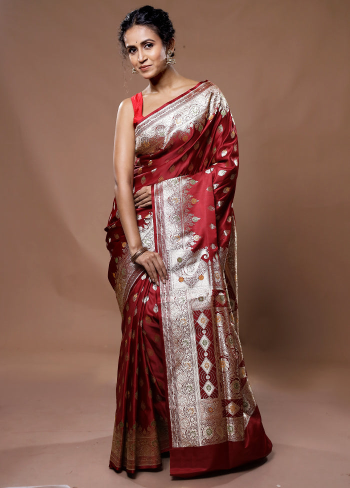 Maroon Banarasi Silk Saree With Blouse Piece