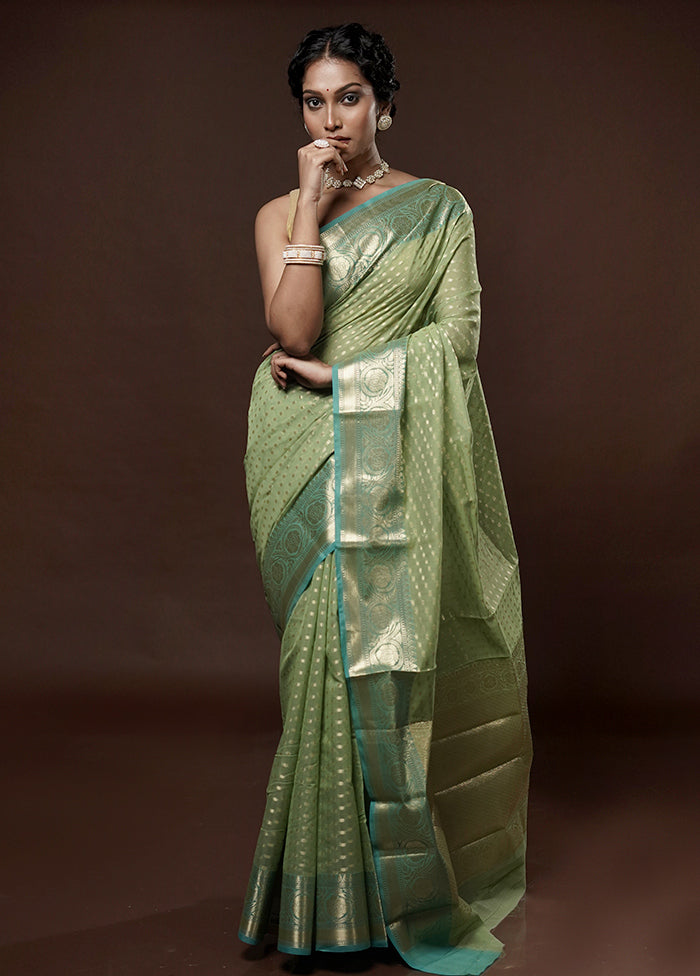 Green Cotton Saree With Blouse Piece - Indian Silk House Agencies