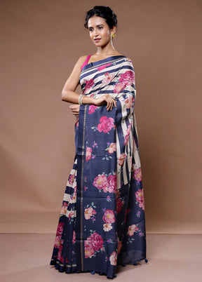 Blue Tussar Pure Silk Saree With Blouse Piece