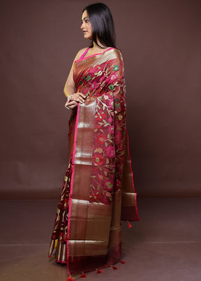 Maroon Organza Saree With Blouse Piece