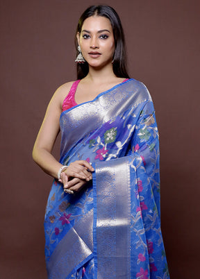 Blue Organza Saree With Blouse Piece