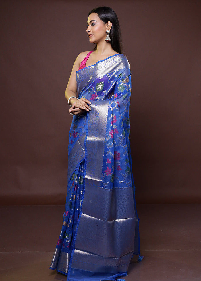 Blue Organza Saree With Blouse Piece