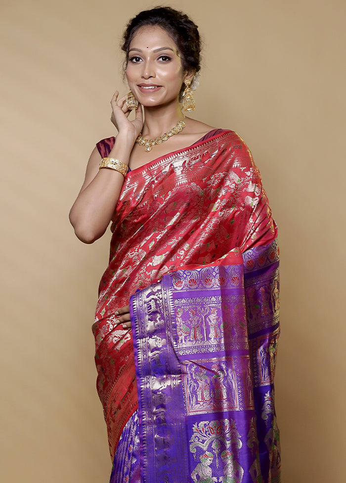 Red Handloom Baluchari Pure Silk Saree With Blouse Piece