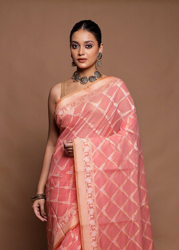Pink Kora Silk Saree With Blouse Piece