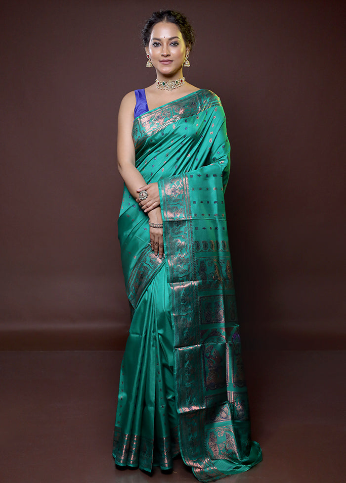 Green Handloom Baluchari Pure Silk Saree With Blouse Piece