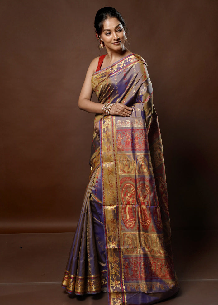 Cream Handloom Baluchari Pure Silk Saree With Blouse Piece