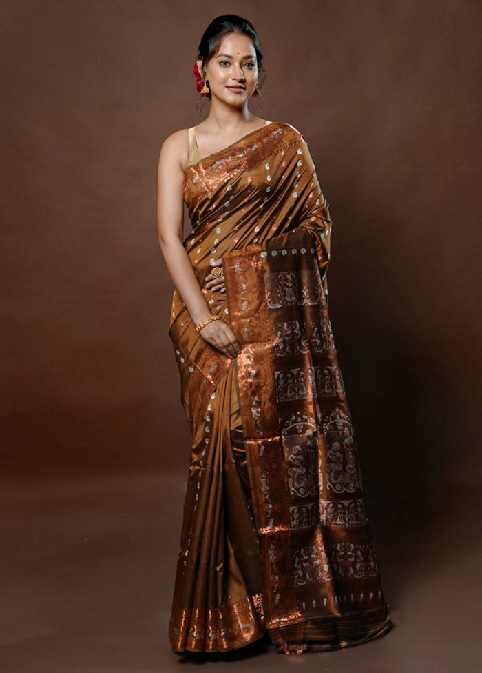 Brown Handloom Baluchari Pure Silk Saree With Blouse Piece