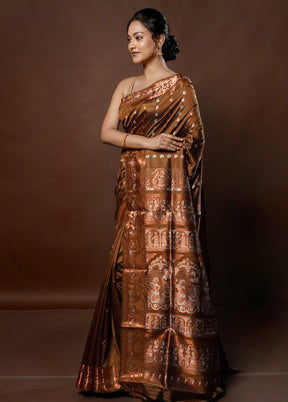 Brown Handloom Baluchari Pure Silk Saree With Blouse Piece