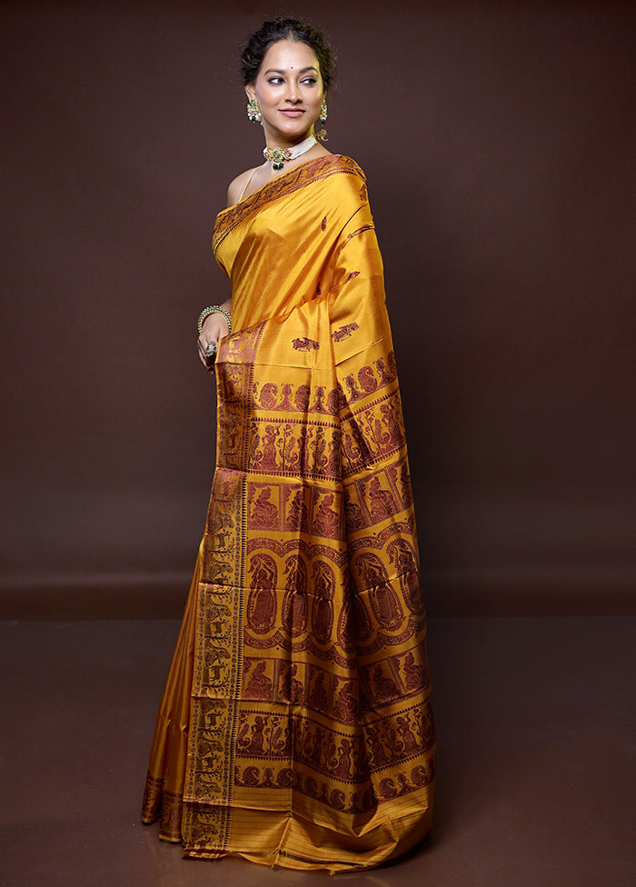 Yellow Handloom Baluchari Pure Silk Saree With Blouse Piece