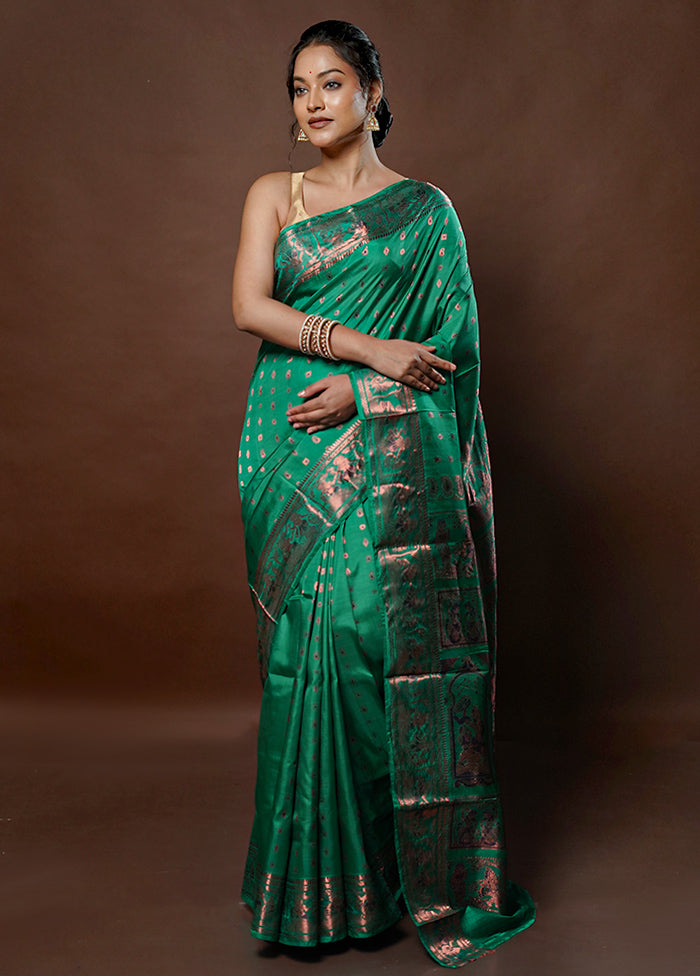 Green Handloom Baluchari Pure Silk Saree With Blouse Piece