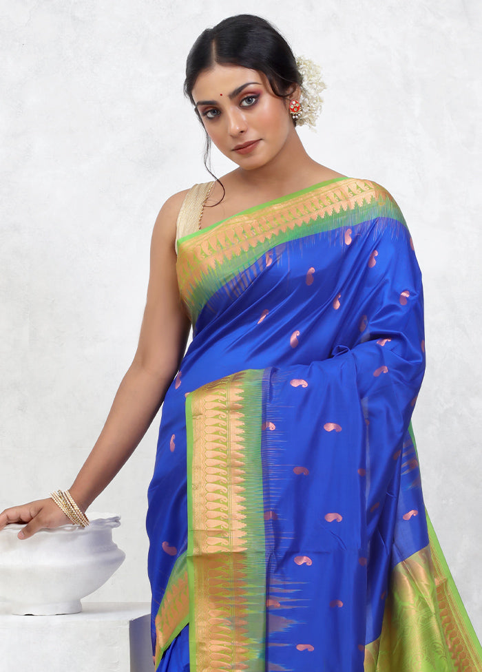 Blue Kanjivaram Pure Silk Saree With Blouse Piece