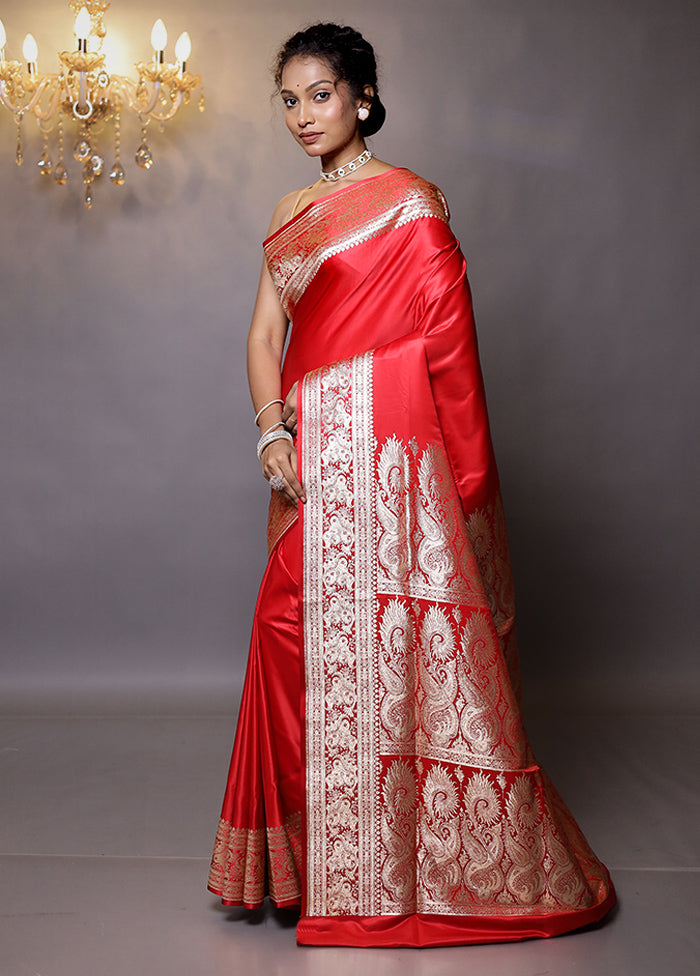 Red Banarasi Silk Saree With Blouse Piece