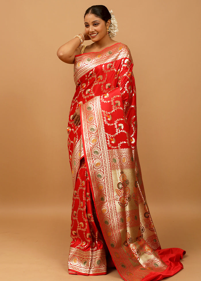 Red Banarasi Silk Saree With Blouse Piece