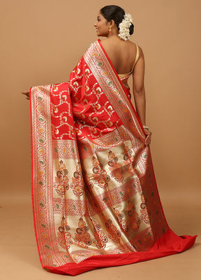 Red Banarasi Silk Saree With Blouse Piece