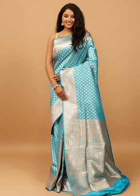 Blue Banarasi Silk Saree With Blouse Piece