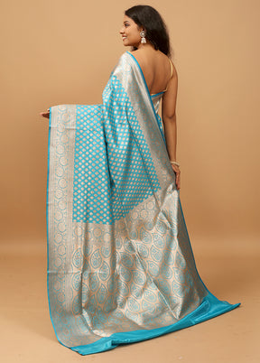 Blue Banarasi Silk Saree With Blouse Piece