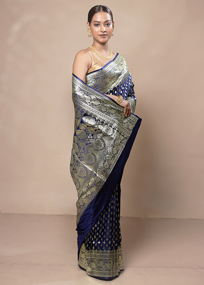 Blue Banarasi Silk Saree With Blouse Piece