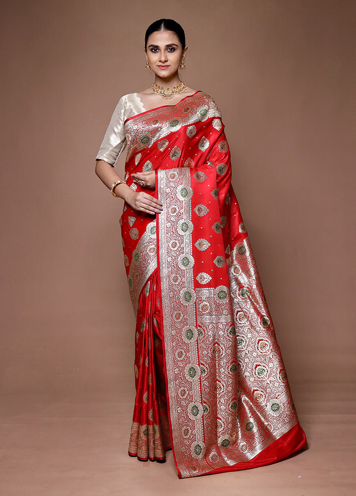 Red Banarasi Silk Saree With Blouse Piece