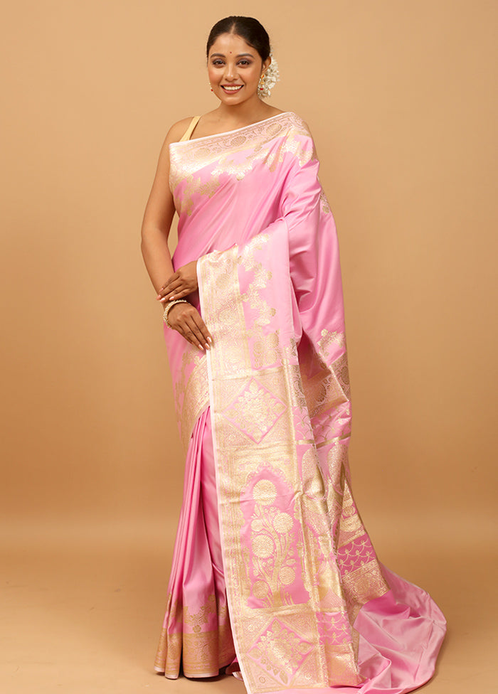 Pink Banarasi Silk Saree With Blouse Piece