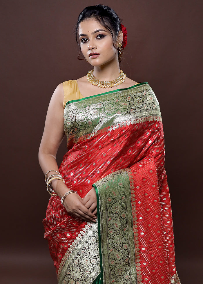 Red Tanchoi Banarasi Silk Saree Without Blouse Piece