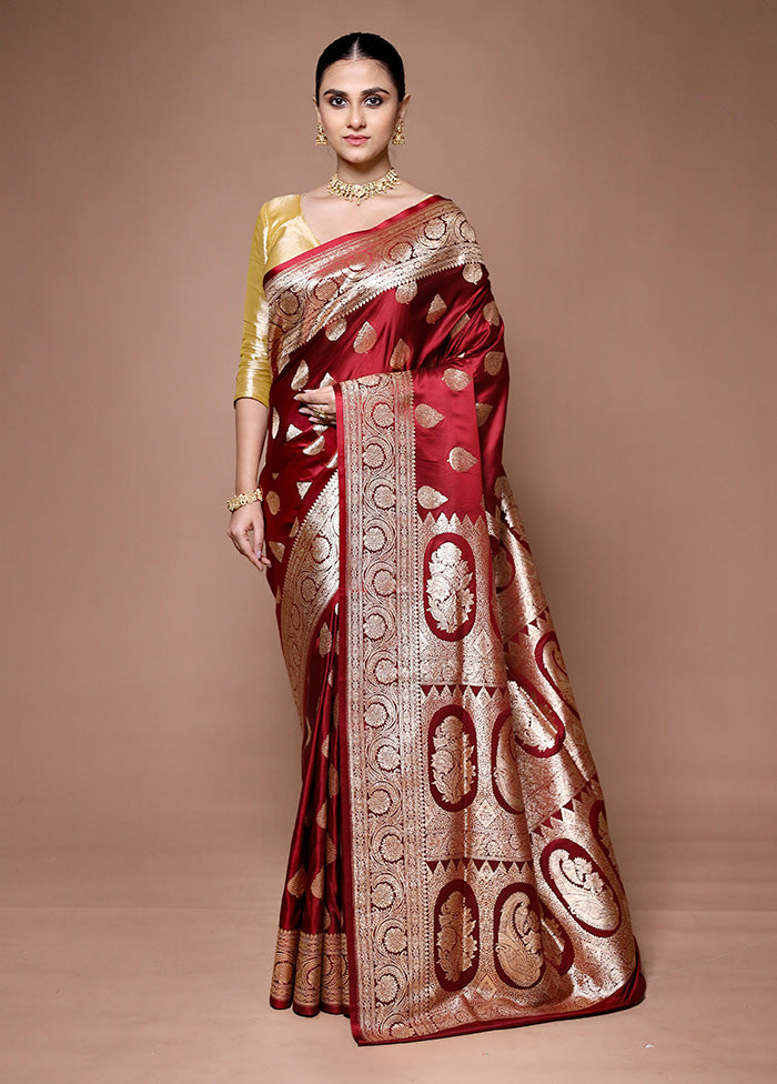 Maroon Banarasi Silk Saree With Blouse Piece