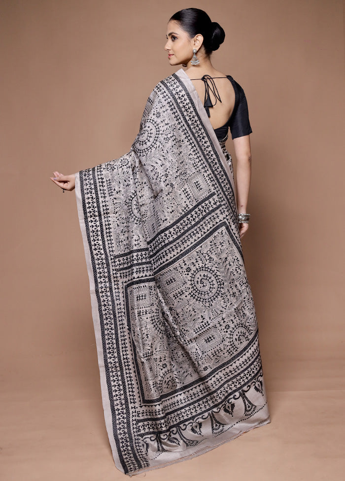 Grey Handloom Kantha Stitch Pure Silk Saree With Blouse Piece