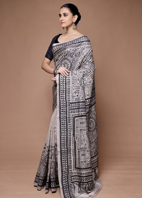 Grey Handloom Kantha Stitch Pure Silk Saree With Blouse Piece