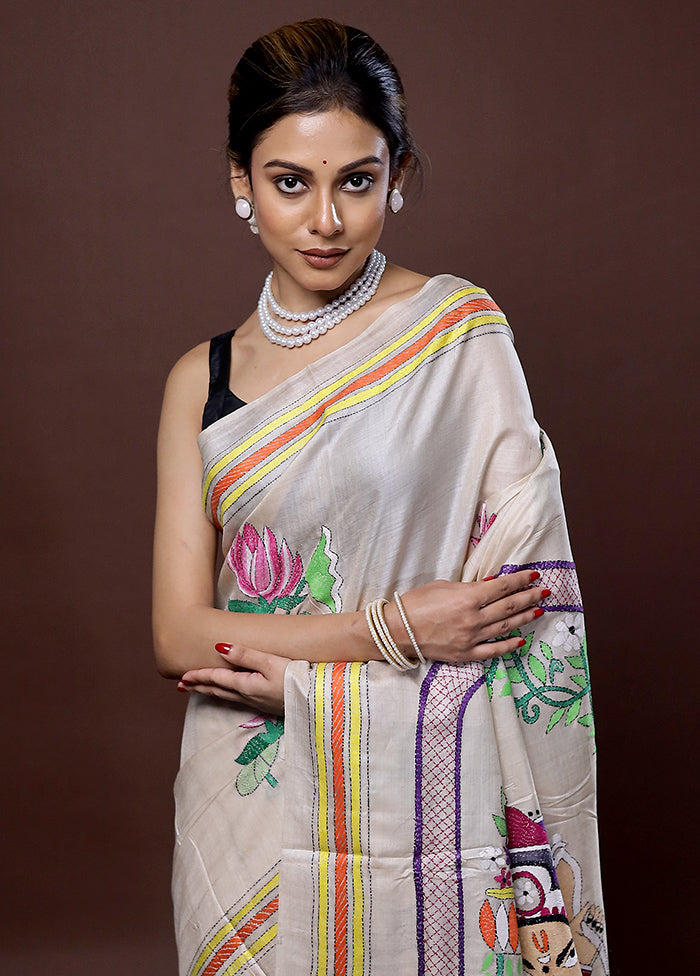 Cream Kantha Stitch Pure Silk Saree With Blouse Piece - Indian Silk House Agencies