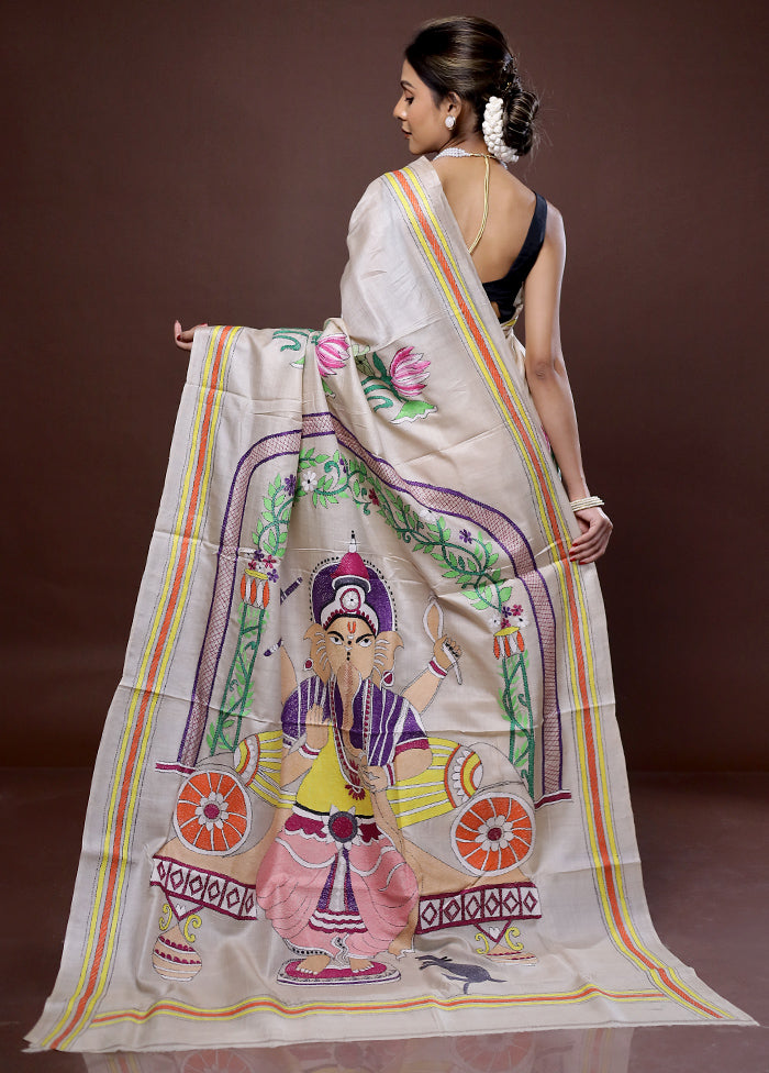 Cream Kantha Stitch Pure Silk Saree With Blouse Piece - Indian Silk House Agencies