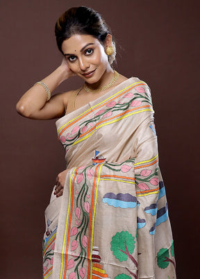 Cream Kantha Stitch Pure Silk Saree With Blouse Piece - Indian Silk House Agencies