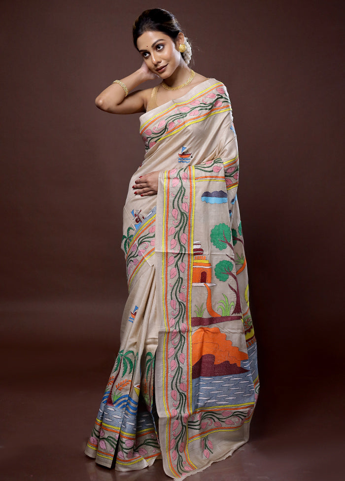 Cream Kantha Stitch Pure Silk Saree With Blouse Piece - Indian Silk House Agencies